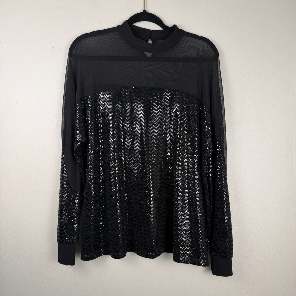 Nine West Top Women's Large Black Mesh Sheer Sequin Embellished Cocktail Blouse